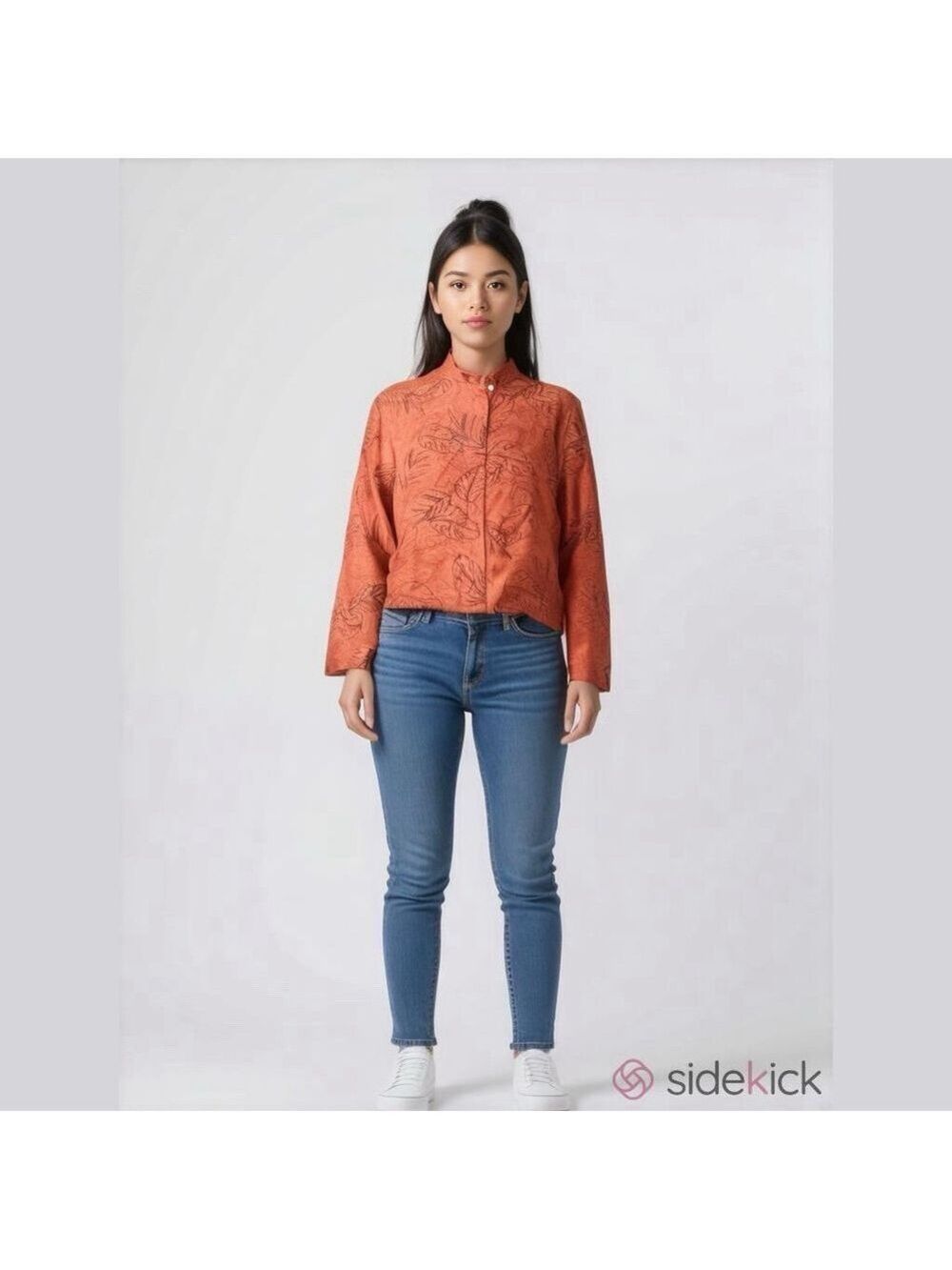 Chico's Sz 1 Medium Blouse Button Down Top Silk Linen Red Orange Tropical Floral